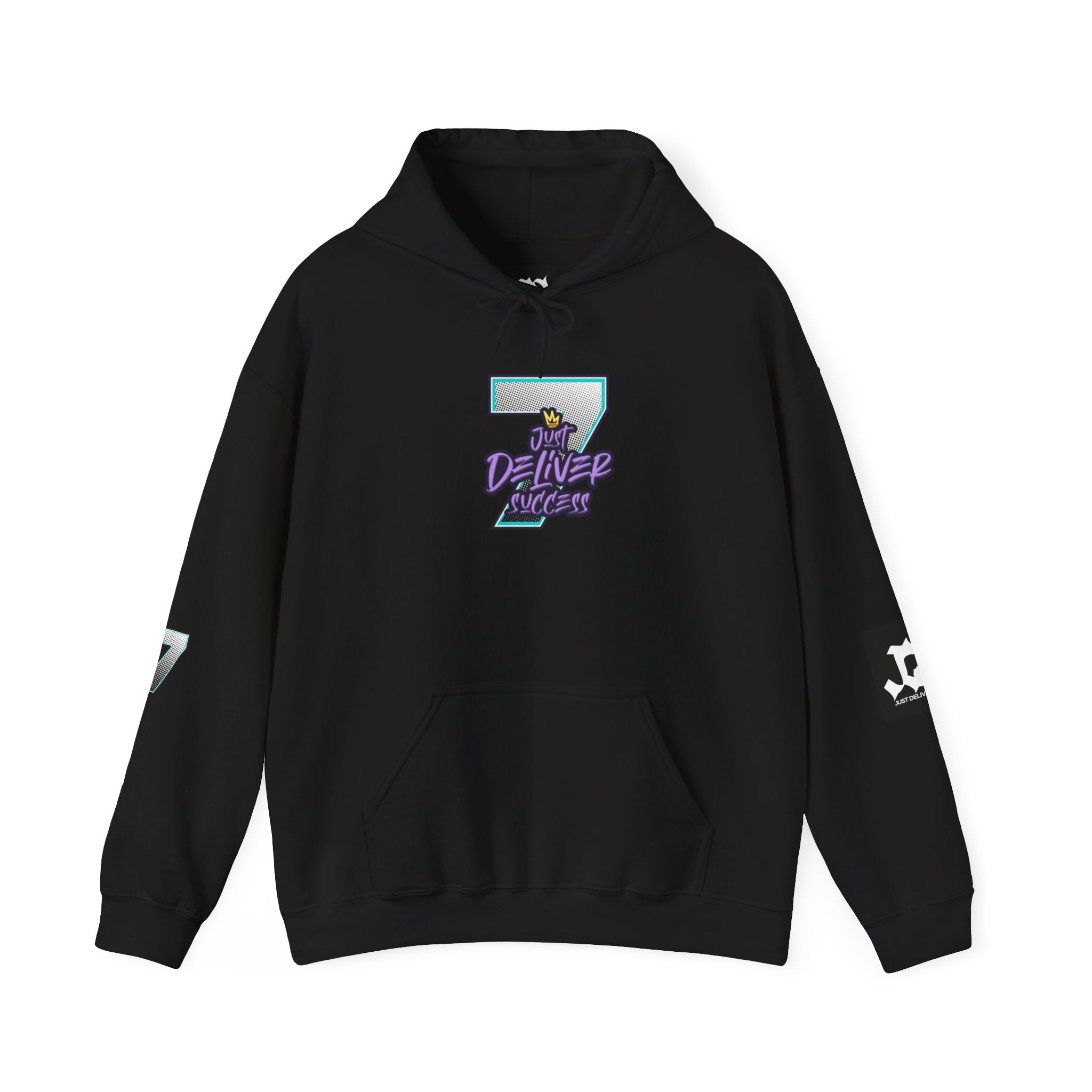 Unisex Just Deliver Success That City 7 Sweater in black with vibrant graphic design on the front.
